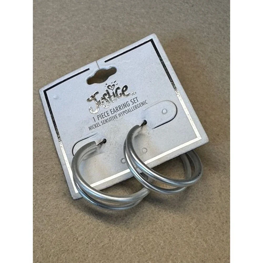 Justice Silver & Blue Ombre Hoop Earrings 1 Piece Set NWT Nickel Sensitive New